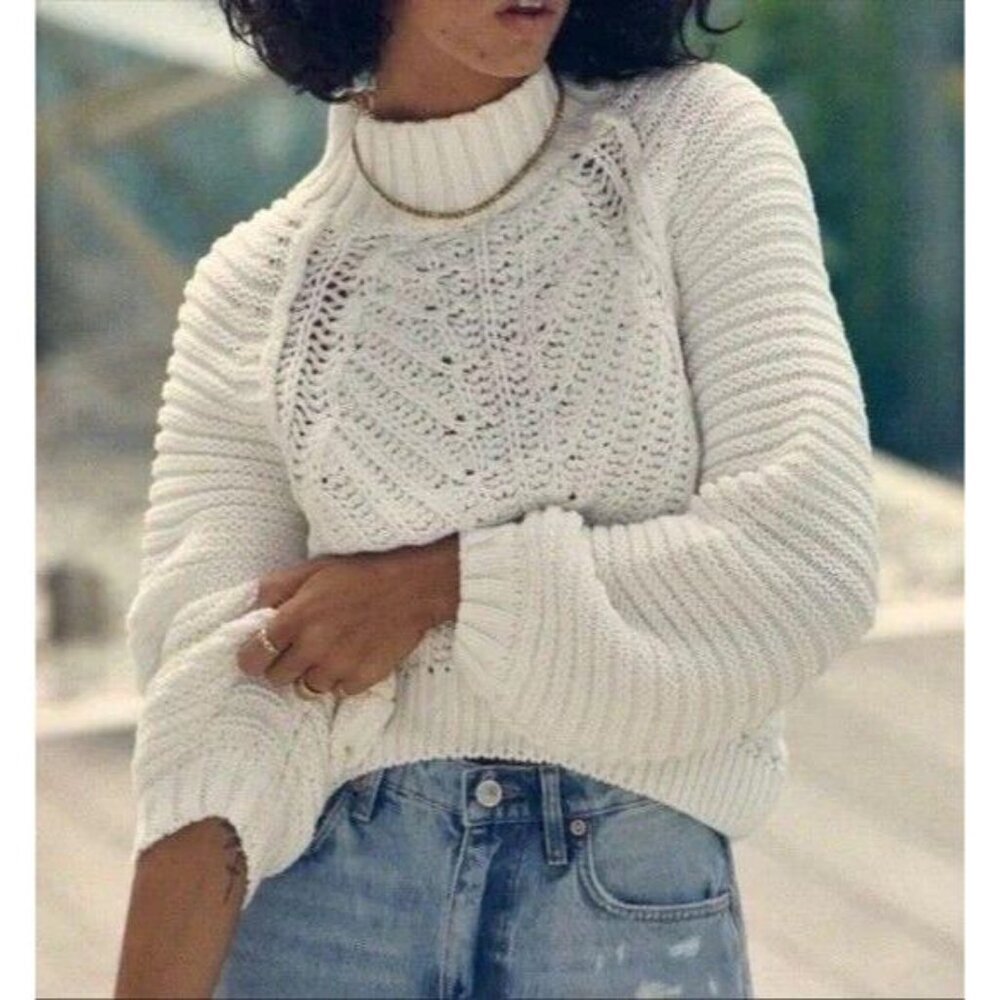 Free People Cream Cable Knit Turtleneck Sweater